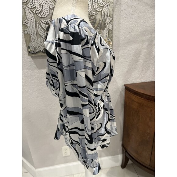 Violet & Claire Black/White Abstract Printed Satin Blouse With Belted Waist L - Picture 3 of 6